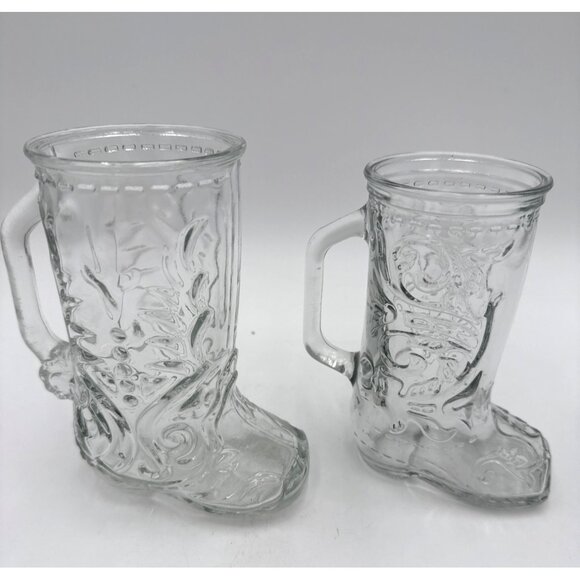 Vtg Glass Boot Mug Set Of 2 Made In Canada Embossed Design Clear Glass Cowboy - Picture 1 of 10